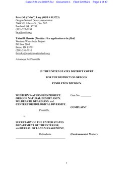 1 Peter M. (“Mac”) Lacy (OSB # 013223) Oregon Natural Desert Association 2009 NE Alberta St., Ste. 207 Portland, OR 97211 (