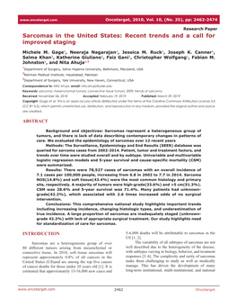 Sarcomas in the United States: Recent Trends and a Call for Improved Staging