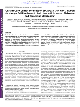 CRISPR/Cas9 Genetic Modification of CYP3A5 *3 in Huh-7 Human Hepatocyte Cell Line Leads to Cell Lines with Increased Midazolam and Tacrolimus Metabolism S