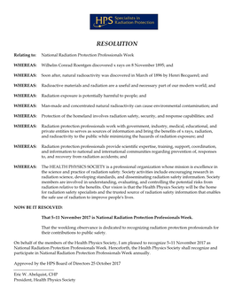 National Radiation Protection Professionals Week: HPS Resolution