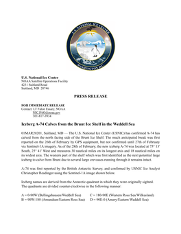 PRESS RELEASE Iceberg A-74 Calves from the Brunt Ice Shelf In