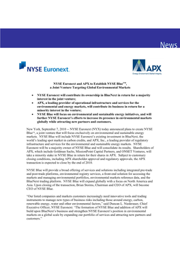 NYSE Euronext and APX to Establish NYSE Bluetm, a Joint Venture Targeting Global Environmental Markets