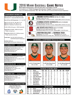 2016 Miami Baseball Game Notes