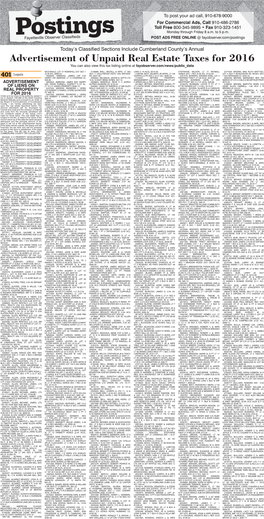 Advertisement of Unpaid Real Estate Taxes for 2016 You Can Also View This Tax Listing Online at Fayobserver.Com/News/Public Data