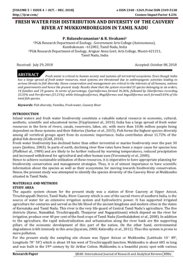 Fresh Water Fish Distribution and Diversity of the Cauvery River at Mukkomboregion in Tamil Nadu