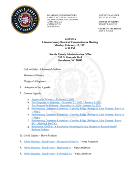 AGENDA Lincoln County Board of Commissioners Meeting Monday, February 15, 2021 6:30 PM Lincoln County Administration Office