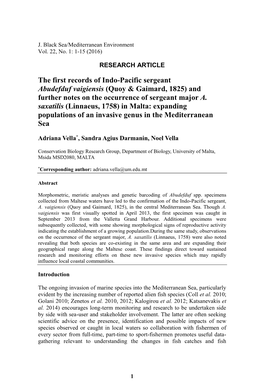 The First Records of Indo-Pacific Sergeant Abudefduf Vaigiensis (Quoy & Gaimard, 1825) and Further Notes on the Occurrence of Sergeant Major A