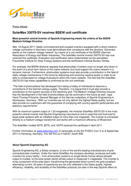 Solarmax 330TS-SV Receives BDEW Unit Certificate
