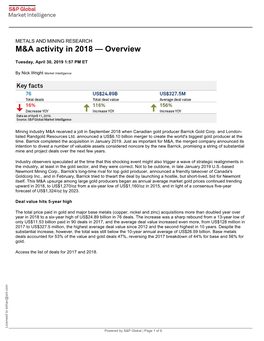 M&A Activity in 2018 — Overview