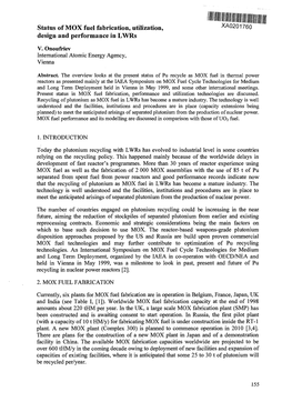 Status of MOX Fuel Fabrication, Utilization, XA0201760 Design and Performance in Lwrs