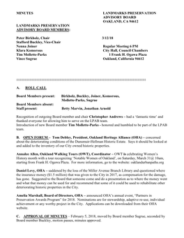 Minutes Landmarks Preservation Advisory Board Oakland, Ca 94612 Landmarks Preservation Advisory Board Members