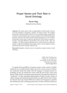 Proper Names and Their Role in Social Ontology