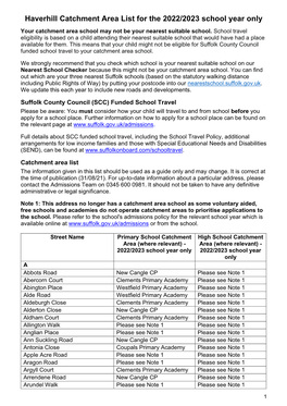 Haverhill Catchment Area List for the 2022/2023 School Year Only Your Catchment Area School May Not Be Your Nearest Suitable School