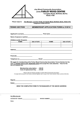 TENNIS SECTION - MEMBERSHIP APPLICATION FORM to 31/9/14