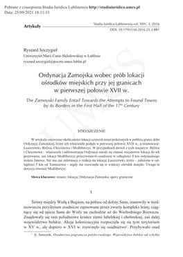 Ordynacja Zamojska Wobec Prób Lokacji Ośrodków Miejskich Przy Jej Granicach W Pierwszej Połowie XVII W