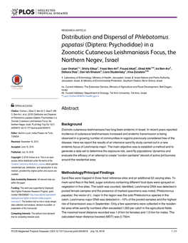 Distribution and Dispersal of Phlebotomus Papatasi (Diptera: Psychodidae) in a Zoonotic Cutaneous Leishmaniasis Focus, the Northern Negev, Israel