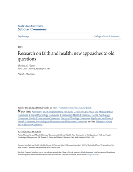 Research on Faith and Health: New Appoaches to Old Questions Thomas G