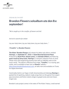 Brandon Flowers Soloalbum Ute Den 8:E September!