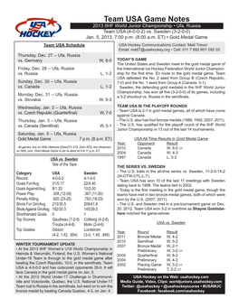 Game Notes 2013 IIHF World Junior Championship • Ufa, Russia Team USA (4-0-0-2) Vs