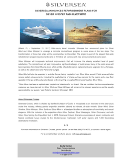 Silversea Announces Refurbishment Plans for Silver Whisper and Silver Wind