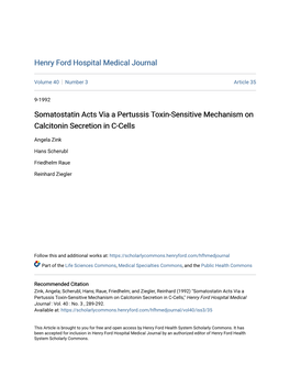 Somatostatin Acts Via a Pertussis Toxin-Sensitive Mechanism on Calcitonin Secretion in C-Cells