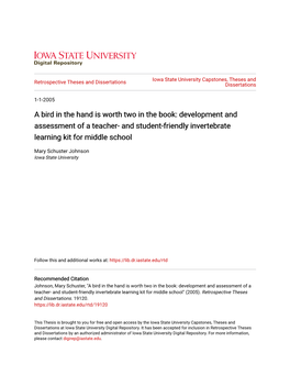 A Bird in the Hand Is Worth Two in the Book: Development and Assessment of a Teacher- and Student-Friendly Invertebrate Learning Kit for Middle School