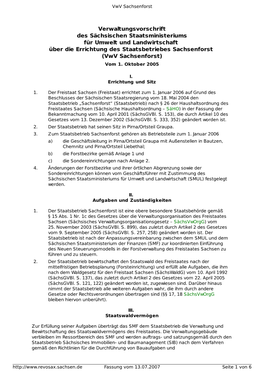 Verwaltungsvorschrift Des Sächsischen Staatsministeriums Für Umwelt Und Landwirtschaft Über Die Errichtung Des Staatsbetriebes Sachsenforst (Vwv Sachsenforst) Vom 1