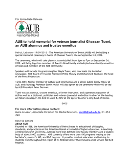 AUB to Hold Memorial for Veteran Journalist Ghassan Tueni, an AUB Alumnus and Trustee Emeritus