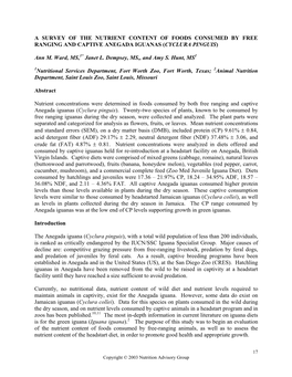 A Survey of the Nutrient Content of Foods Consumed by Free Ranging and Captive Anegada Iguanas (Cyclura Pinguis)