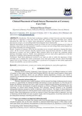 Clinical Placement of Saudi Intern Pharmacists at Coronary Care Unit