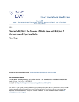 Women's Rights in the Triangle of State, Law, and Religion: a Comparison of Egypt and India