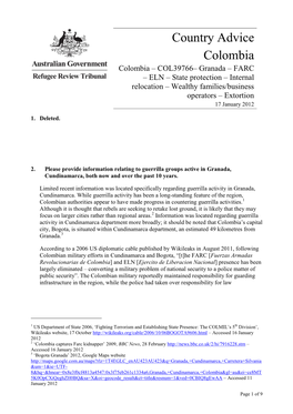 FARC – ELN – State Protection – Internal Relocation – Wealthy Families/Business Operators – Extortion 17 January 2012