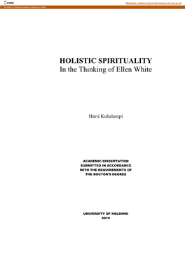 HOLISTIC SPIRITUALITY in the Thinking of Ellen White