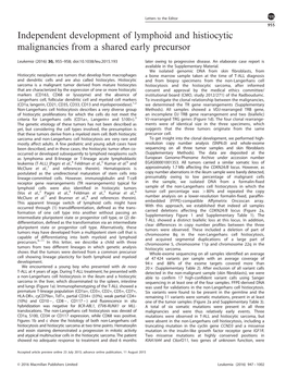 Independent Development of Lymphoid and Histiocytic Malignancies from a Shared Early Precursor