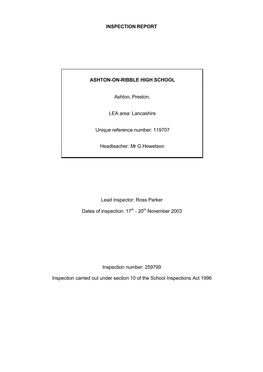 Inspection Report Ashton-On-Ribble High