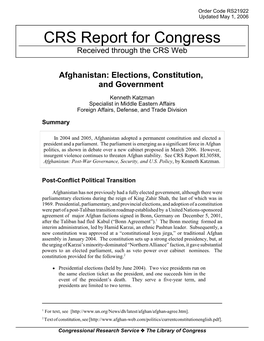 Afghanistan: Elections, Constitution, and Government