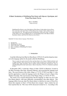 A Basic Vocabulary of Htoklibang Pwo Karen with Hpa-An, Kyonbyaw, and Proto-Pwo Karen Forms