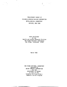 Preliminary Survey of Sylvania-Corning Nuclear Corporation Metallurgical Laboratory Bayside, New York