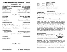 Vacaville Seventh-Day Adventist Church Today 7:02 Pm Sabbath Hours End September 24, 2016 Thursday Pastor in Vacaville