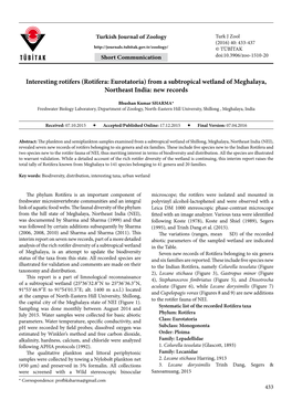 Interesting Rotifers (Rotifera: Eurotatoria) from a Subtropical Wetland of Meghalaya, Northeast India: New Records