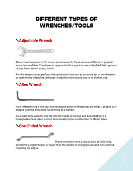 Different Types of Wrenches/Tools