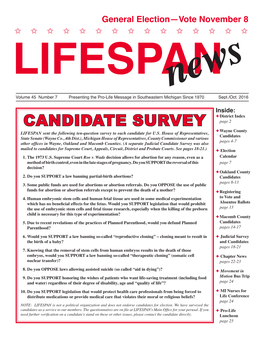 CANDIDATE SURVEY Page 2 F Wayne County LIFESPAN Sent the Following Ten-Question Survey to Each Candidate for U.S