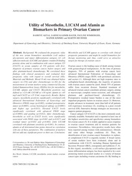 Utility of Mesothelin, L1CAM and Afamin As Biomarkers in Primary Ovarian Cancer