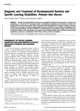 Diagnosis and Treatment of Developmental Dyslexia and Special Article