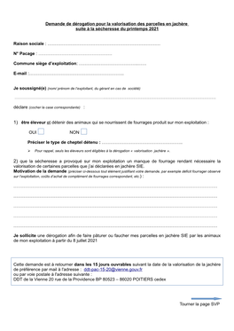 Demande De Dérogation Pour La Valorisation Des Parcelles En Jachère Suite À La Sécheresse Du Printemps 2021