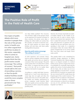 The Positive Role of Profit in the Field of Health Care