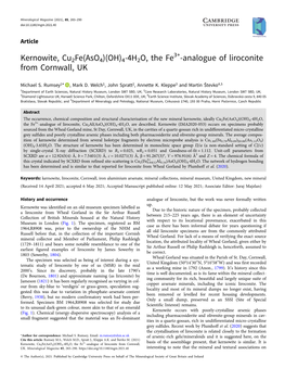 Kernowite, Cu2fe(Aso4)(OH)4⋅4H2O, the Fe -Analogue of Liroconite from Cornwall, UK
