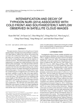 Intensification and Decay of Typhoon Nuri (2014) Associated with Cold Front and Southwesterly Airflow Observed in Satellite Cloud Images
