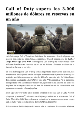 Call of Duty Supera Los 3.000 Millones De Dólares En Reservas En Un Año