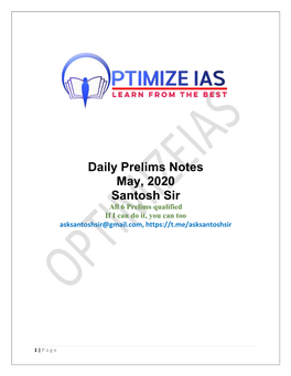 Daily Prelims Notes May, 2020 Santosh Sir All 6 Prelims Qualified If I Can Do It, You Can Too Asksantoshsir@Gmail.Com